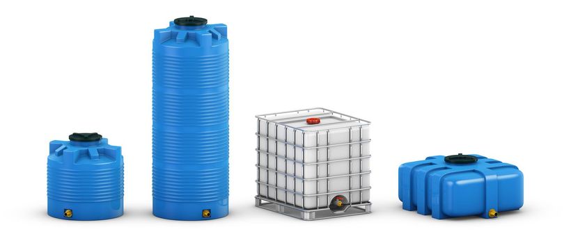 Water tank with metal grill and Ccontainers for water of different shapes. 3d rendering.