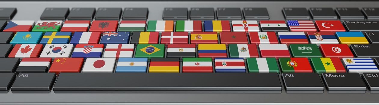 Computer keyboard with buttons in the form of flags of different countries. 3d render.