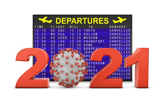 Coronavirus and 2021 volumetric figures next to the departure board. 3d render.
