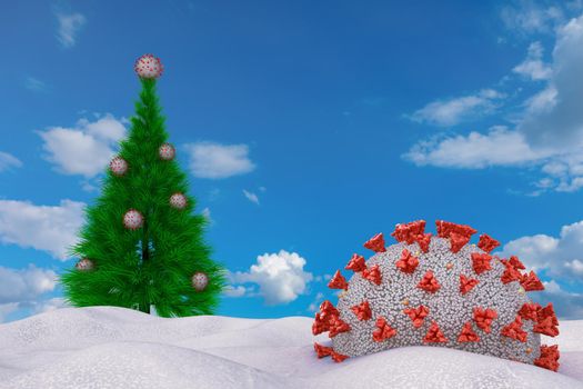 Coronavirus and Christmas tree in the snow against the background of the sky. 3D rendering.