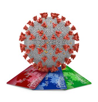 Coronavirus covid-19 and bank credit cards. 3d render.