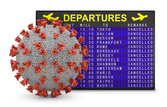 Coronavirus and airport departure board with canceled flights. 3d render.