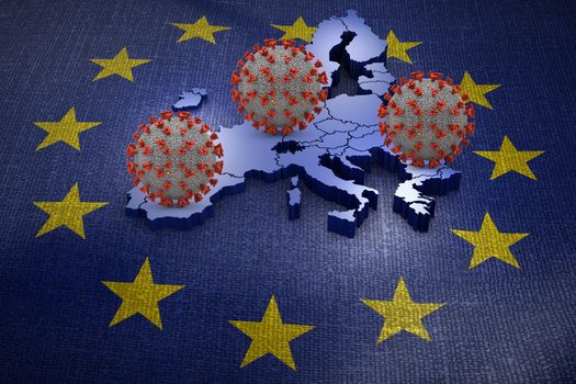 Coronavirus covid 19 against the background of the European Union. 3D render.