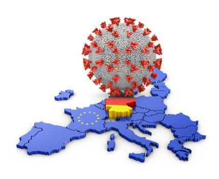 Coronavirus covid 19 against the background of the map of Germany. 3D render.