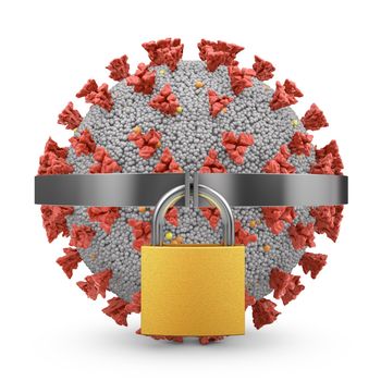 Coronavirus metal padlock on a white background. 3d render.