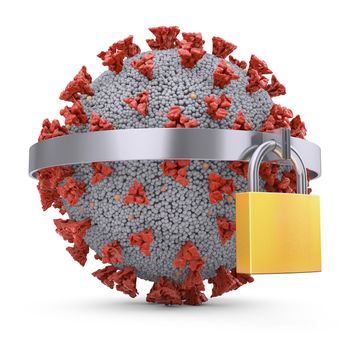 Coronavirus metal padlock on a white background. 3d render.