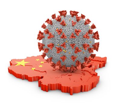 Coronavirus molecule on a volumetric map of China. 3d render.