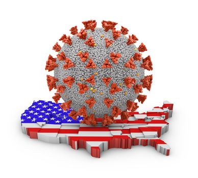 Coronavirus molecule on a volumetric map of the United States. 3d render.