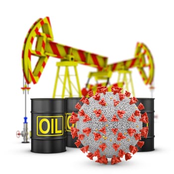 Coronavirus and oil barrels on a blurred background of pumps. 3D rendering.