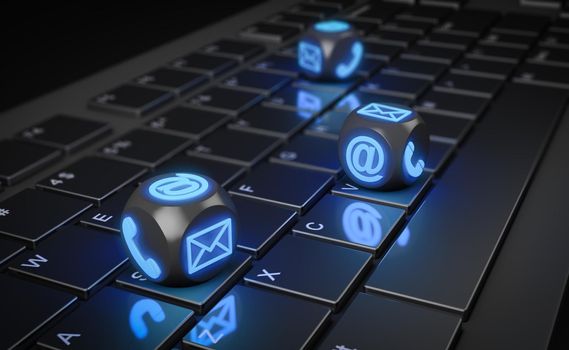 Cubes with phone, mail and envelope icons on a computer keyboard. 3D render