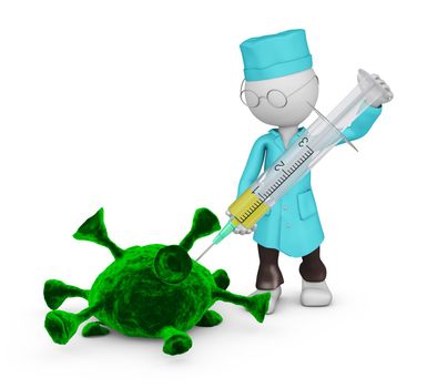 A doctor with a syringe kills a green virus. 3d render.
