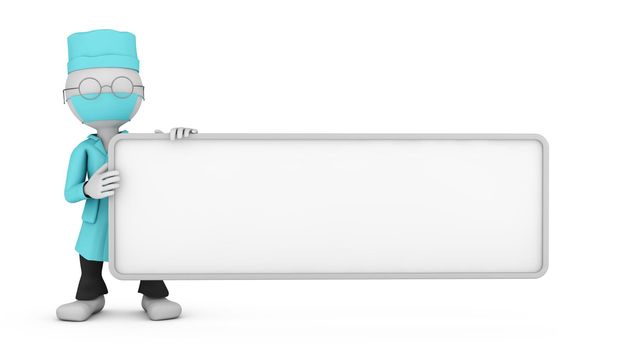 A masked doctor is holding a signboard. 3D render.