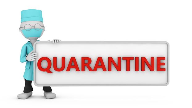 A masked doctor is holding a signboard with the words QUARANTINE. 3D render.