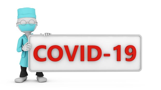 A masked doctor is holding a signboard with the words COVID-19. 3D render.