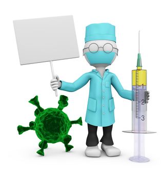 A masked doctor with a syringe is holding a signboard next to the coronovirus. 3d render.