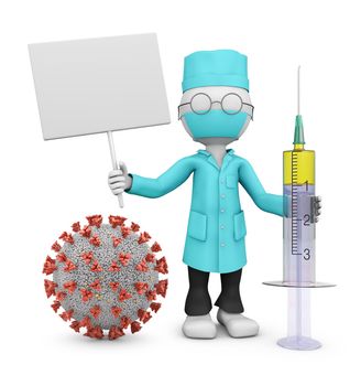 A masked doctor with a syringe is holding a signboard next to the coronovirus. 3d render.