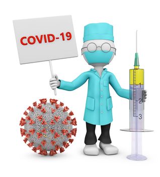 The masked doctor is holding a signboard with the words COVID-19 next to the coronovirus. 3D render.