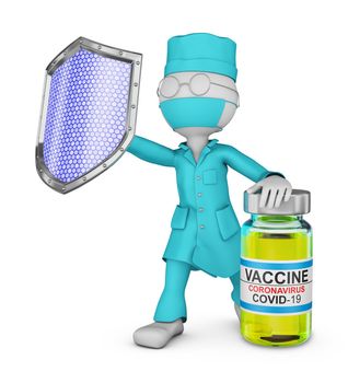 Doctor with a shield next to the coronavirus vaccine. 3d render