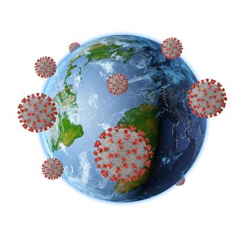 Planet earth surrounded by coronoviruses. 3d rendering. Elements of this image furnished by NASA.
