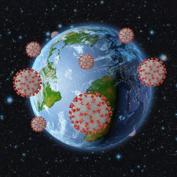 Planet earth surrounded by coronoviruses. 3d rendering. Elements of this image furnished by NASA.