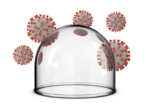A glass dome around which coronaviruses on a white background. 3D rendering.