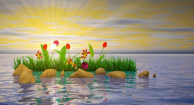 Flowers and stones in the water at sunset background. 3D render