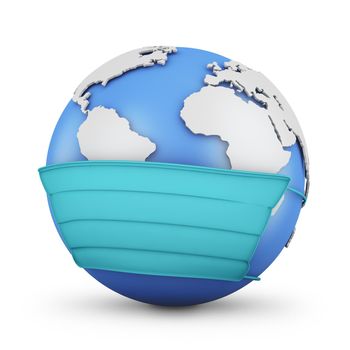 Globe in a protective mask on a white background. 3D rendering.