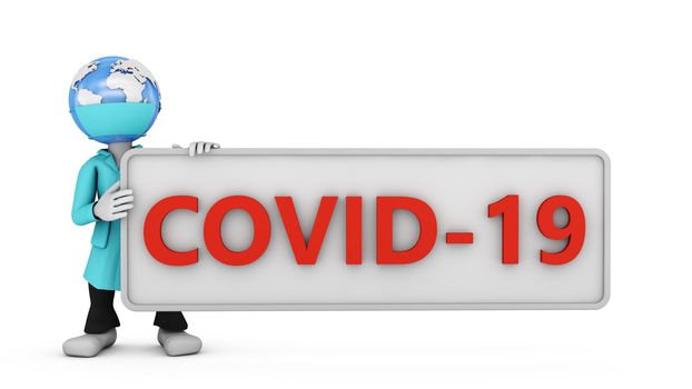 a man with a globe head in a protective mask points to a signboard covid 19. 3d render