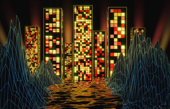 Neon glow of skyscrapers with reflection in water between rocks with blue mesh. 3D rendering.