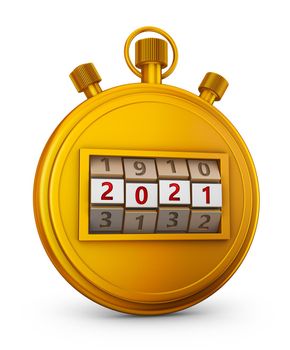Golden stopwatch with a combination lock showing 2021.3d render.