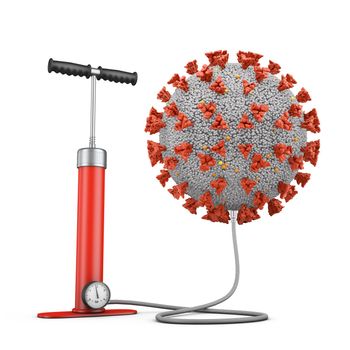 Hand pump and coronavirus molecule on white background. 3d render.