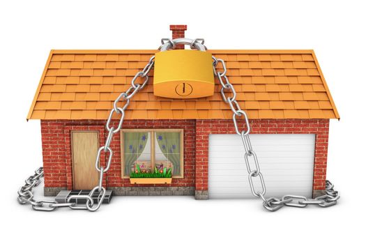 Beautiful house which wrapped metal chain with a lock. 3d render.