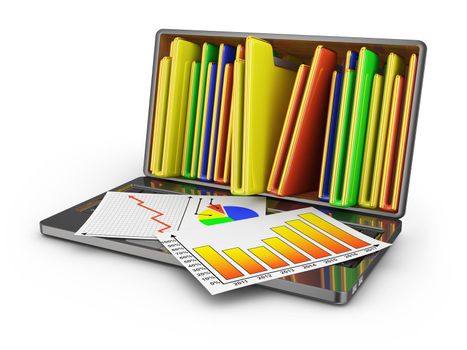Laptop with folders and sheets with infographics. 3d render.