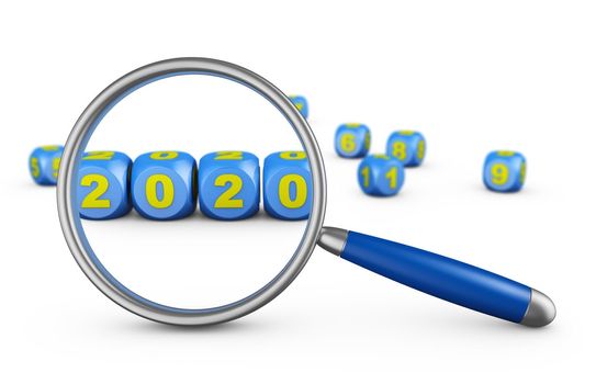 Magnifying glass and cubes 2020. 3d render.