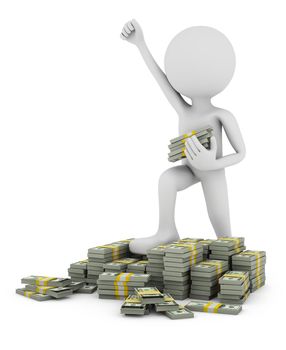 A man with a raised hand stands on piles of bundles of money. 3D rendering.