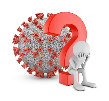 Man sitting under a question mark next to the coronavirus. 3d render.