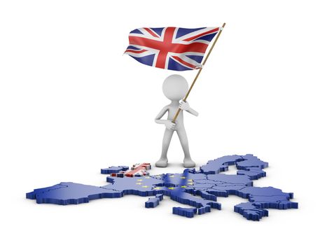 man holding the flag of Great Britain next to the map of the European Union. 3d render.