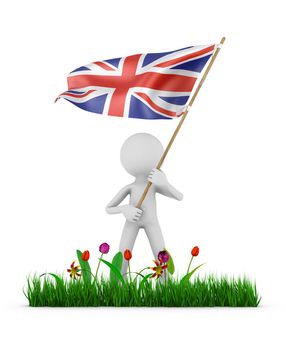 man holds the flag of great britain on grass background. 3d render.
