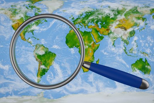 color world map and magnifier. 3d render. Elements of this image furnished by NASA.