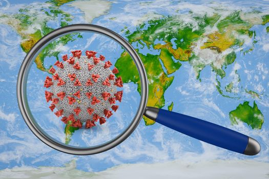 world map and a magnifying glass under which the coronovirus is located. 3d render. Elements of this image furnished by NASA.