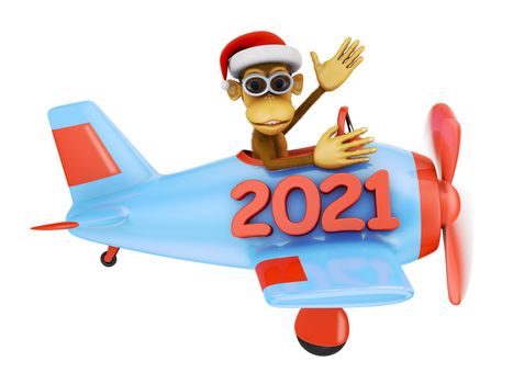 monkey with glasses on a blue airplane with an inscription 2021. 3d render.