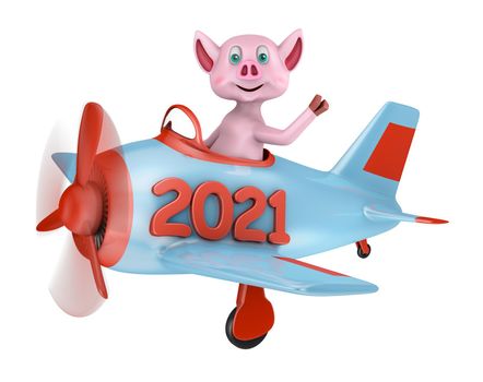 Piglet in an airplane with an inscription 2021 on a white background. 3D rendering.