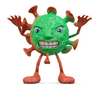 Red-green angry coronovirus on a white background. 3D render.