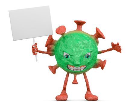 Red-green evil coronovirus holds a signboard. 3D render.