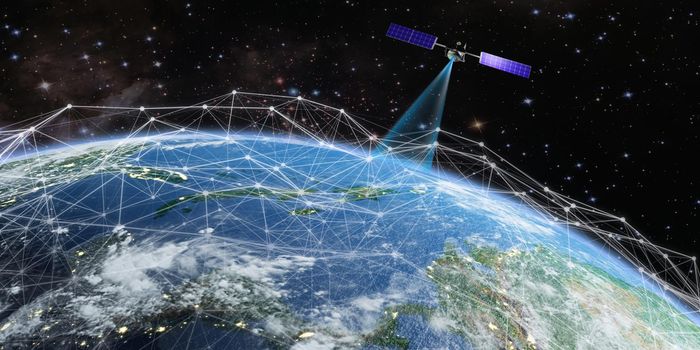 The satellite transmits a signal to the earth against the background of the hud objects. 3D rendering. Elements of this image furnished by NASA.