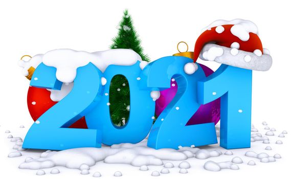 Snowy numbers 2021 next to a Christmas tree. 3D rendering.