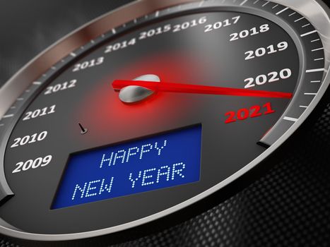 The speedometer indicates 2021 and the inscription on the screen: Happy New Year. 3d render