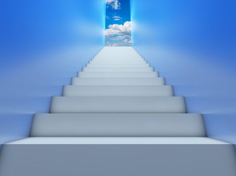 A corridor with stairsl eading to the sky with clouds. 3d render.