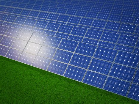 Solar panels on green grass. 3d render.