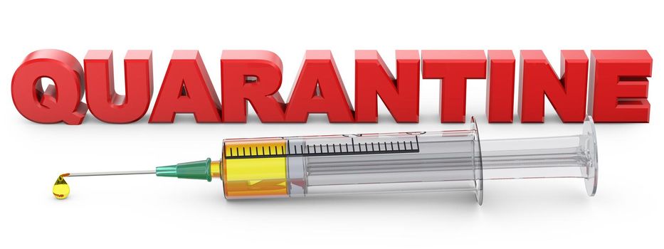 Syringe and quarantine voluminous text. 3d render.